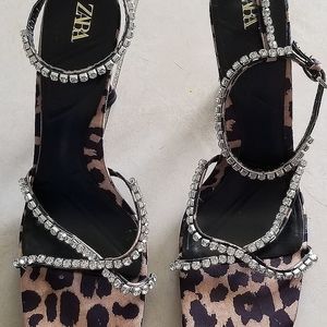 ZARA Rhinestone and leopard print high heel sandals.